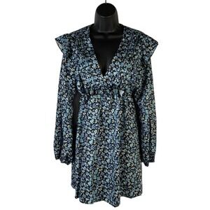 SundayUp Dress Long Sleeve Blue Floral‎ Ruffles Gathered Waist Lightweight Sz Lg